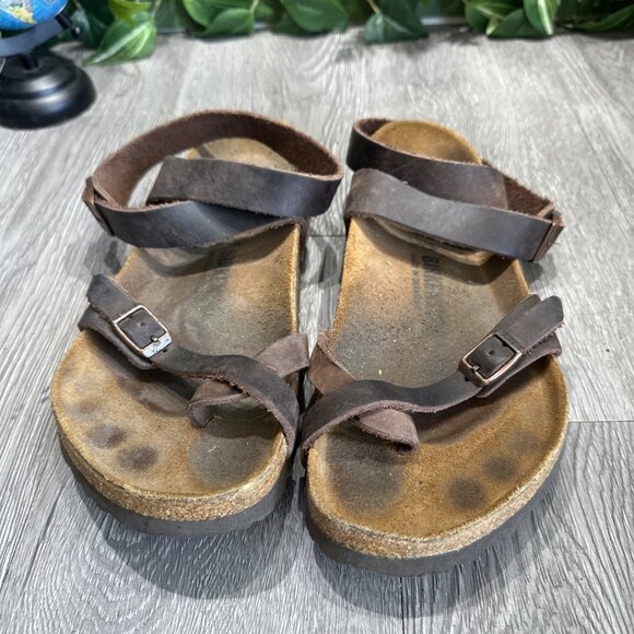 Birkenstock Sandals Size 41 10 Yara Leather Ankle Strap Toe Loop Habana Brown - Picture 3 of 7